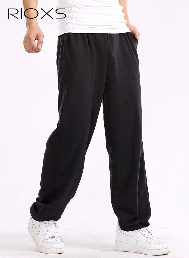 RIOXS 2Pcs Men's Cotton Sweatpants, Casual Open Bottom Straight Leg Athletic Pants, Loose Fit Elastic Waist Joggers with Zippered Pockets, Lightweight Lounge Sweat Pants for Workout Running Jogging Commuting, Black+Grey - Image 2